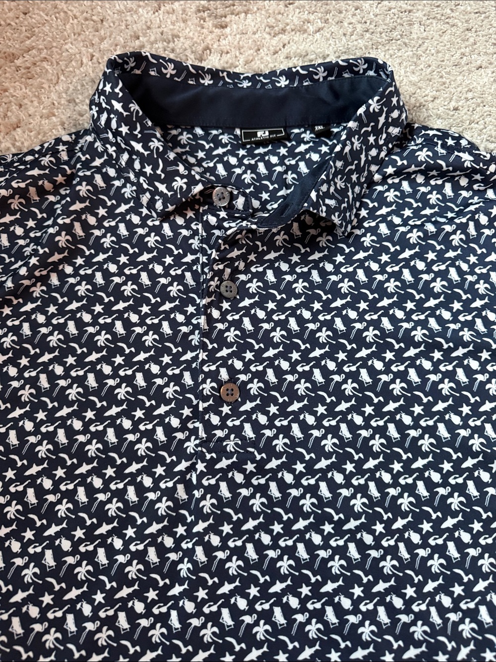 FootJoy Navy Short-Sleeve Button-Down Shirt with White Tropical Print